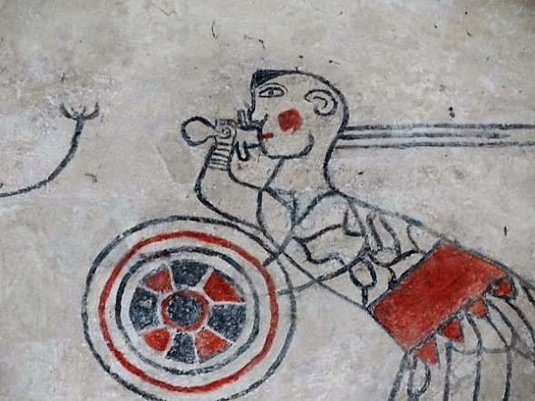 Friese kampvechters in de kerk van Westerwijtwerd. Schildering waarschijnlijk uit de 14e eeuw (1300-1350) n