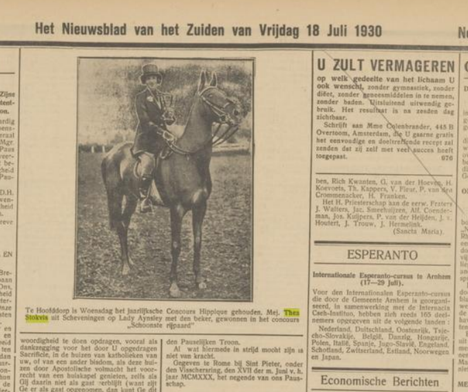 Thea Stokvis op Lady Aynsley, 18 juli 1930 Het Nieuwsblad van het Zuiden, via ww.delpher.nl