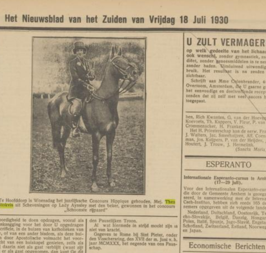 Thea Stokvis op Lady Aynsley, 18 juli 1930 Het Nieuwsblad van het Zuiden, via ww.delpher.nl