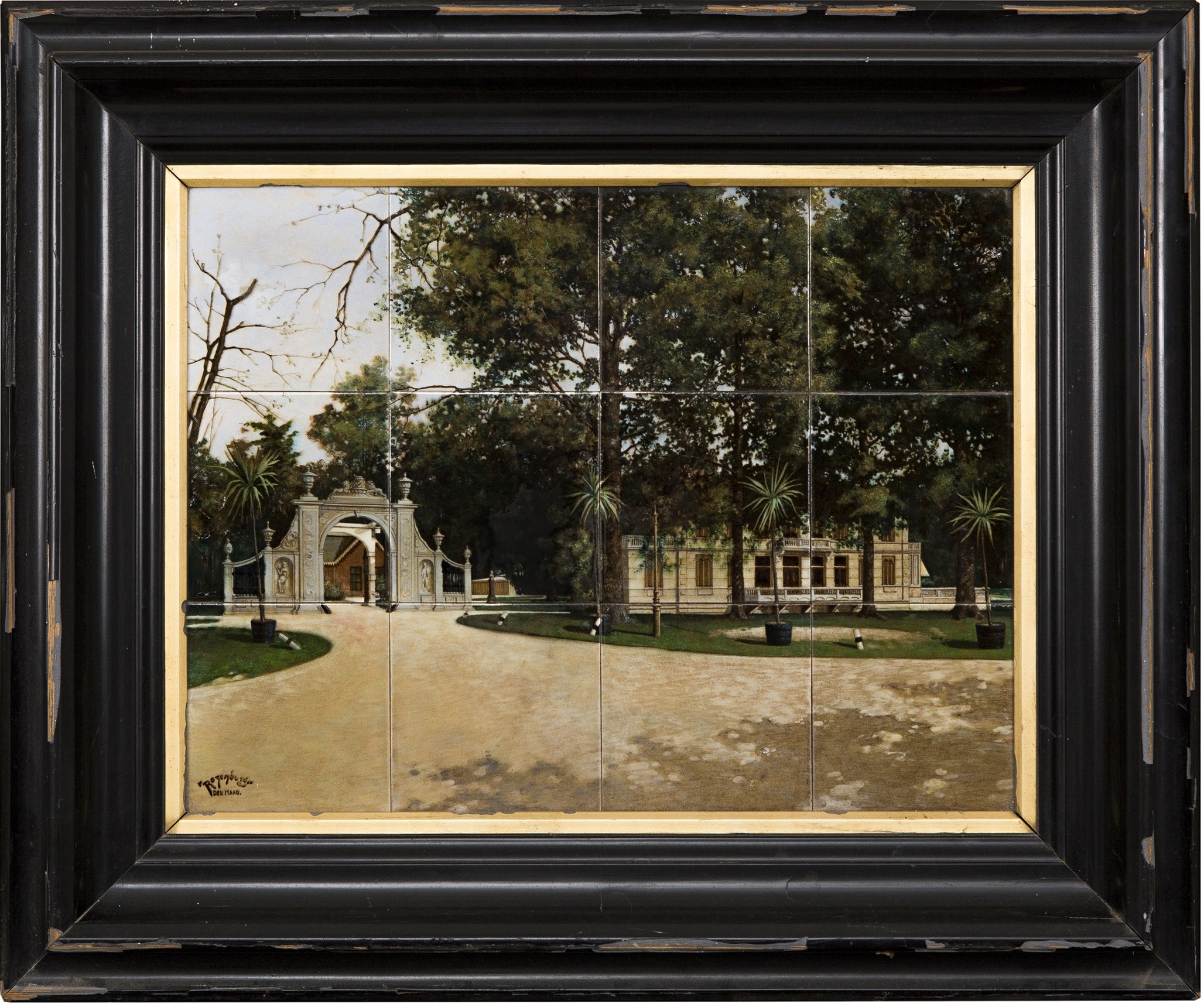 Tegeltableau met decor van de buitenplaats Nienoord in Leek | bruikleen Ottema-Kingma Stichting (OKS 1983-053)