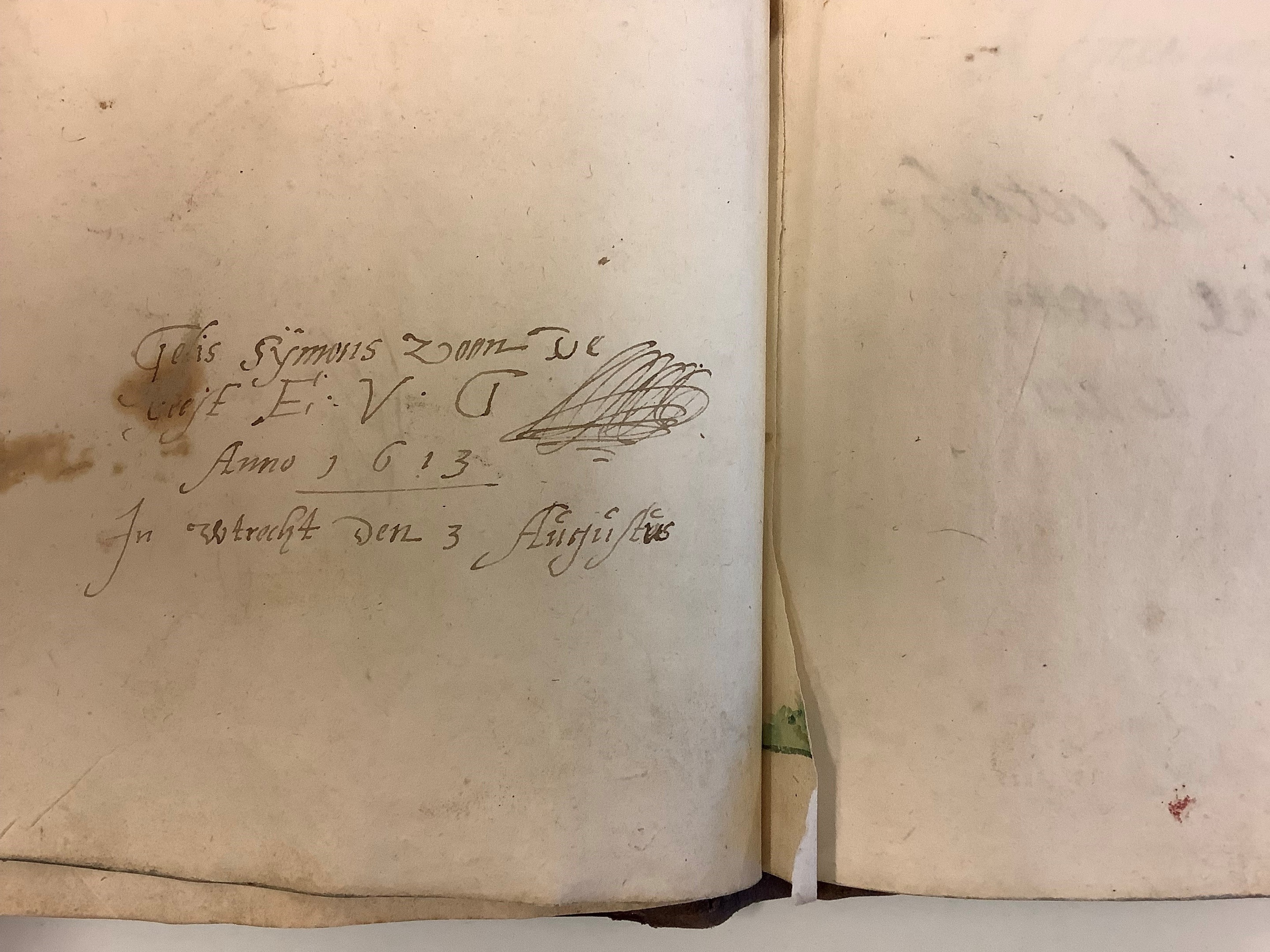 Een missende bladzijde met nog een klein stukje groen na de bijdrage van broer Gilles de Geest, geschreven in Utrecht op 3 augus