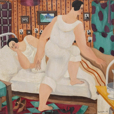 “Vrouwen in slaapkamer,” Ferdinand Erfmann, 1928, olieverf op doek, 52,6 x 61,4 cm, collectie Frans Hals Museum “Vrouwen in slaapkamer,” Ferdinand Erfmann, 1928, olieverf op doek, 52,6 x 61,4 cm, collectie Frans Hals Museum