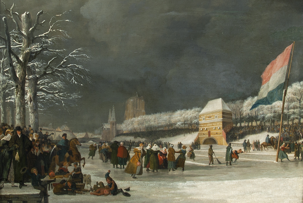 Nicholaas Baur, Hardrijderij voor vrouwen op de winterse Westersingel te Leeuwarden, 1809, Fries Museum, Leeuwarden - Collectie 
