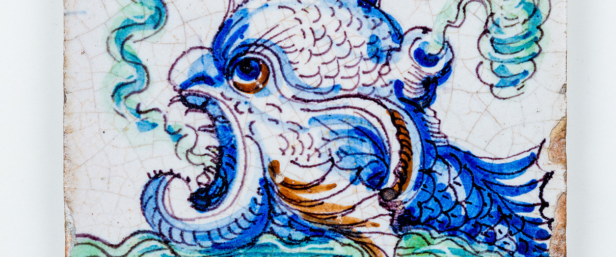 Tile with a polychrome decoration of a sea monster, 1600-1630, Rotterdam, earthenware, on loan from the Ottema-Kingma Stichting.