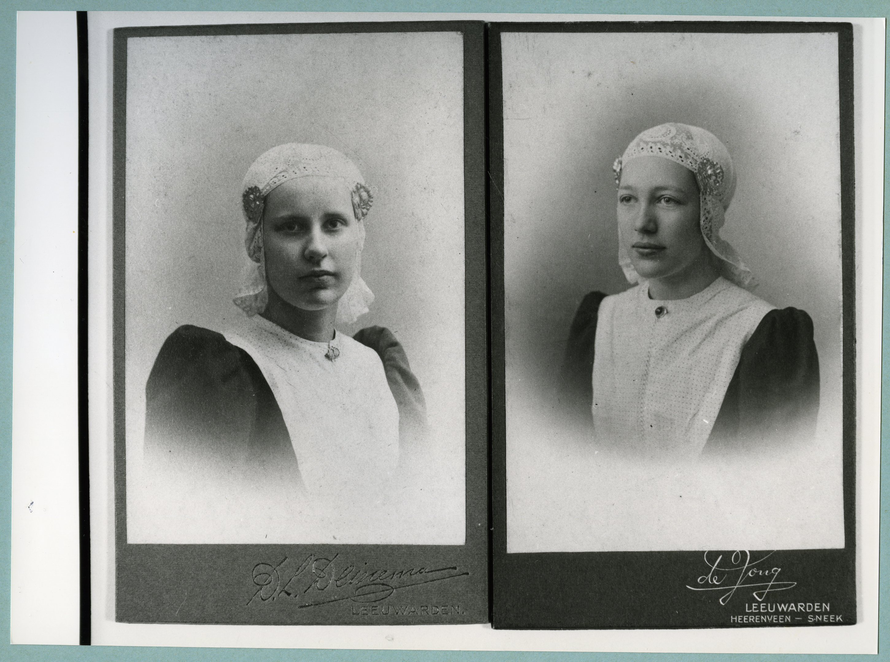 Kopieën van portretfoto’s van onbekende weesmeisjes in uniform van het Old Burger Weeshuis, begin twintigste eeuw, collectie Fri