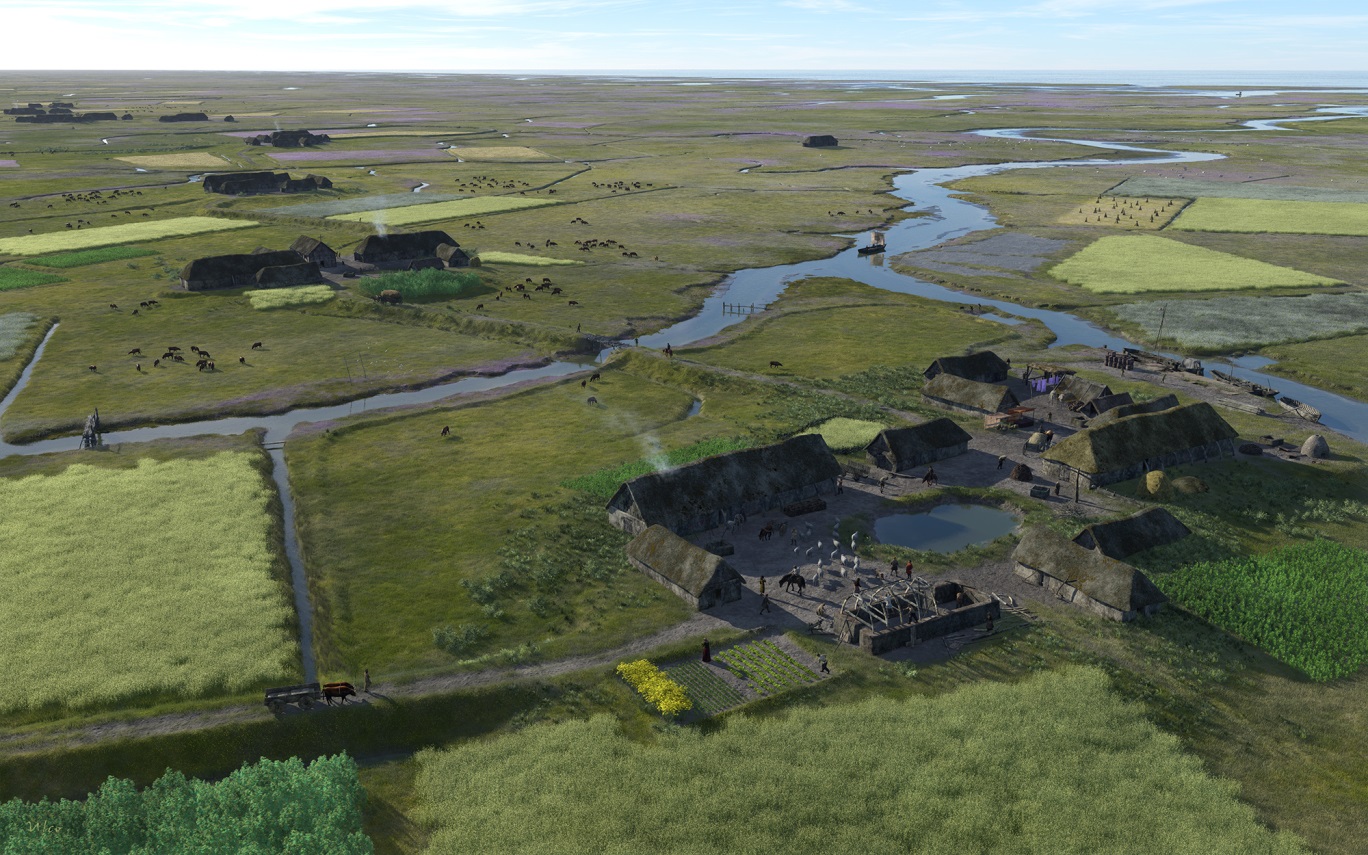 Reconstructie van een terpenlandschap in Vikingtijd. Copyright Ulco Glimmerveen, 2019.