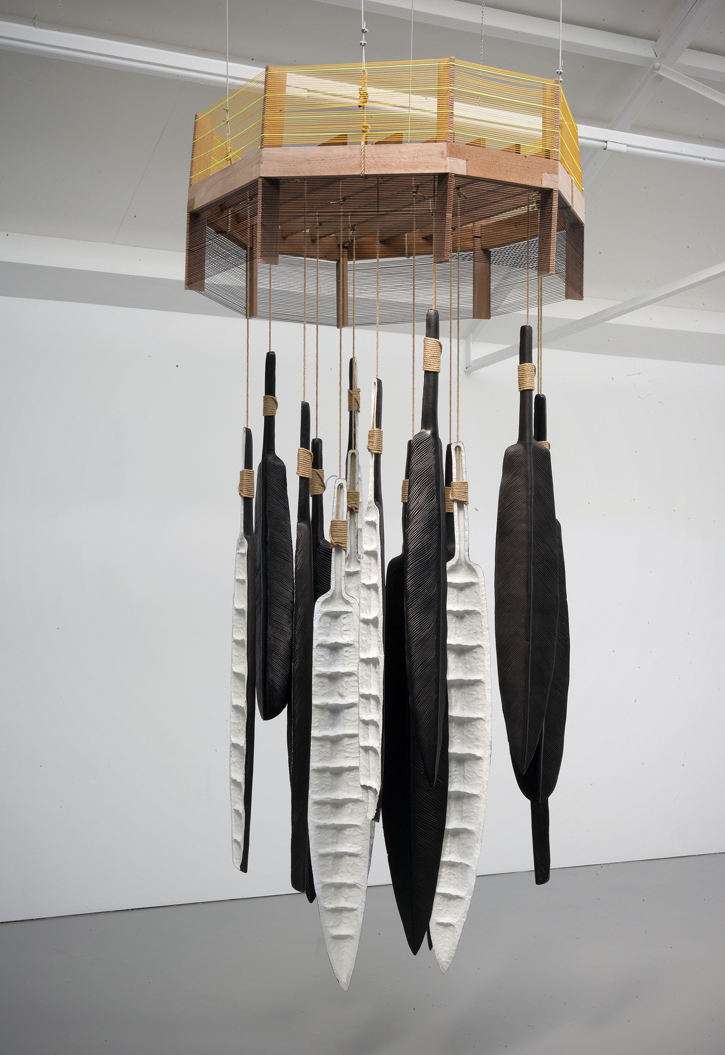 Jennifer Tee, Falling Feathers, black, 2009, porcelain, wooden structure, 280 x 140 x 120 cm