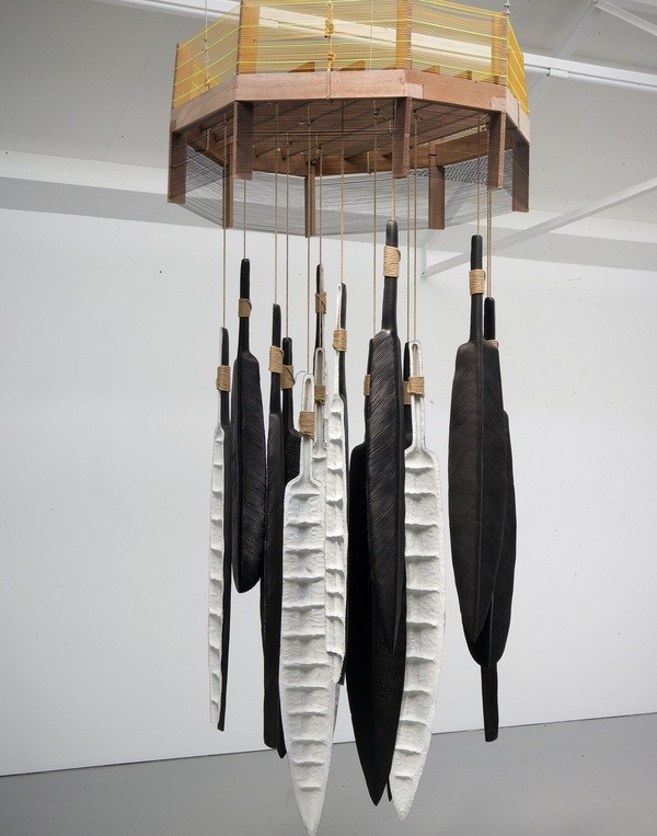 Jennifer Tee, Falling Feathers, black, 2009, porcelain, wooden structure, 280 x 140 x 120 cm