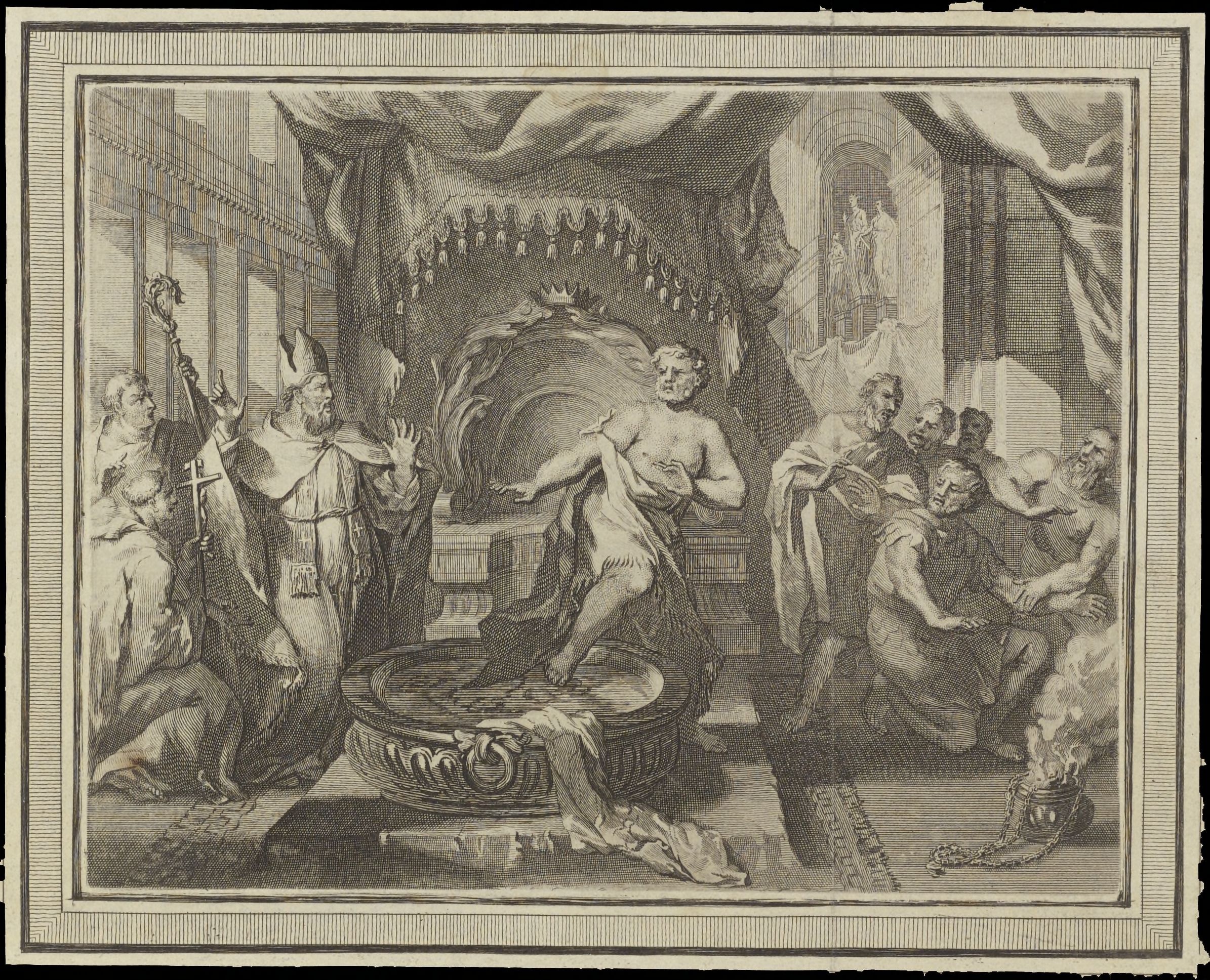Redbad weigert de doop, 1700-24,  O. Elliger, M. Pool, gravure, Collectie Fries Museum, Leeuwarden