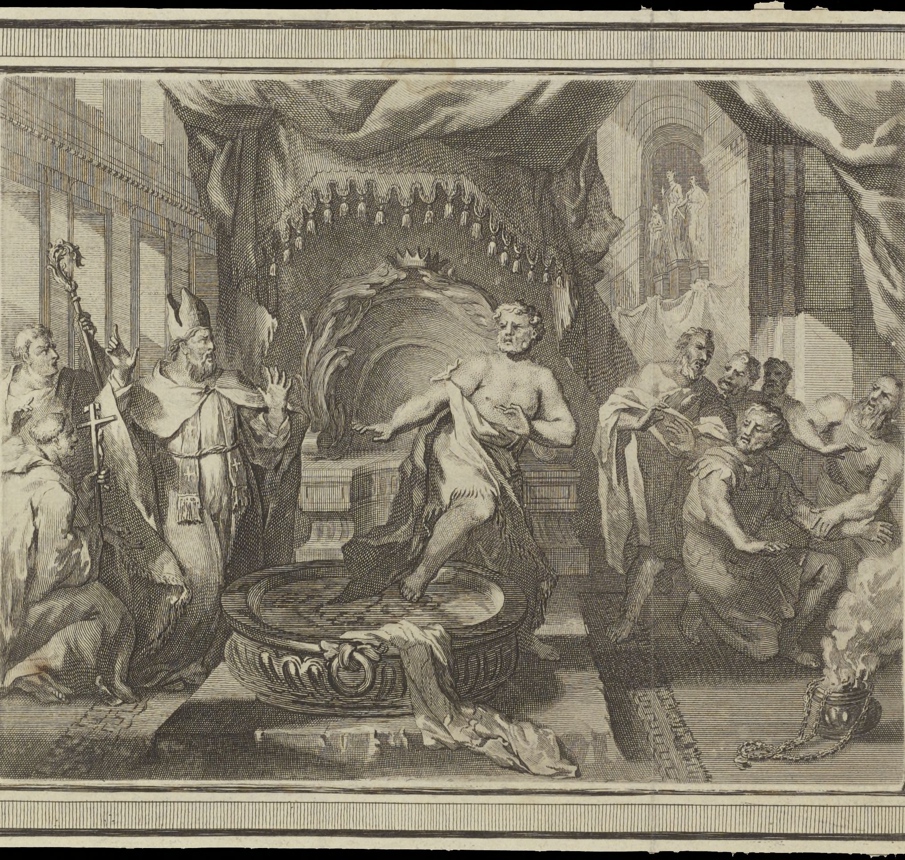 Redbad weigert de doop, 1700-24, O. Elliger, M. Pool, gravure, Collectie Fries Museum, Leeuwarden Redbad weigert de doop, 1700-24, O. Elliger, M. Pool, gravure, Collectie Fries Museum, Leeuwarden