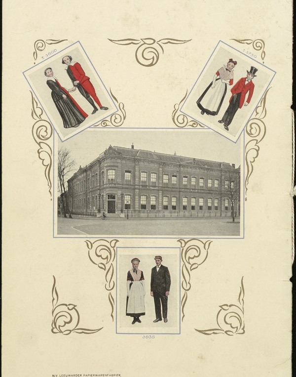 Achterzijde van een menukaart ter gelegenheid van het 400 jarig bestaan van het OBW op 1 mei 1935, collectie Fries Museum. Het afgebeelde weeshuis is in 1876 gebouwd, en door brand verwoest in 1945.