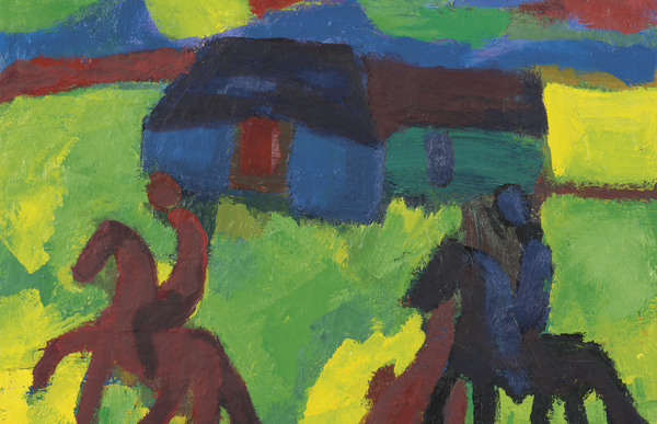Gerrit Benner, 'Twee ruiters voor een boerderij', 1965-1969, olieverf op doek, 80 x 100 cm, Museum Belvédère, Heerenveen-Oranjewoud, © AG BENNER, 2014