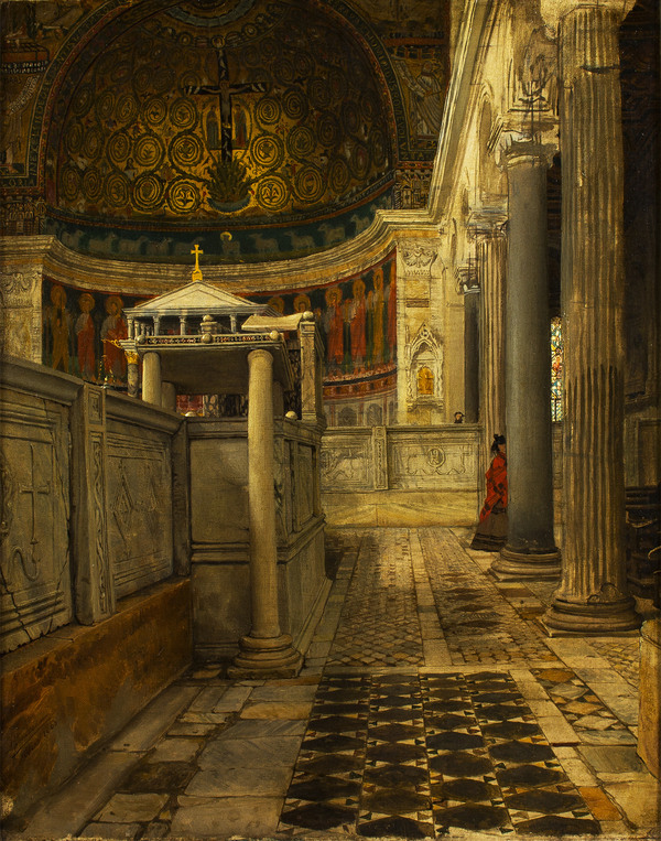 Sir Lawrence Alma-Tadema, Interieur van de kerk van San Clemente, Rome, 1863, Fries Museum, Leeuwarden - collectie Het Koninklijk Fries Genootschap, gift van Laurence Alma-Tadema