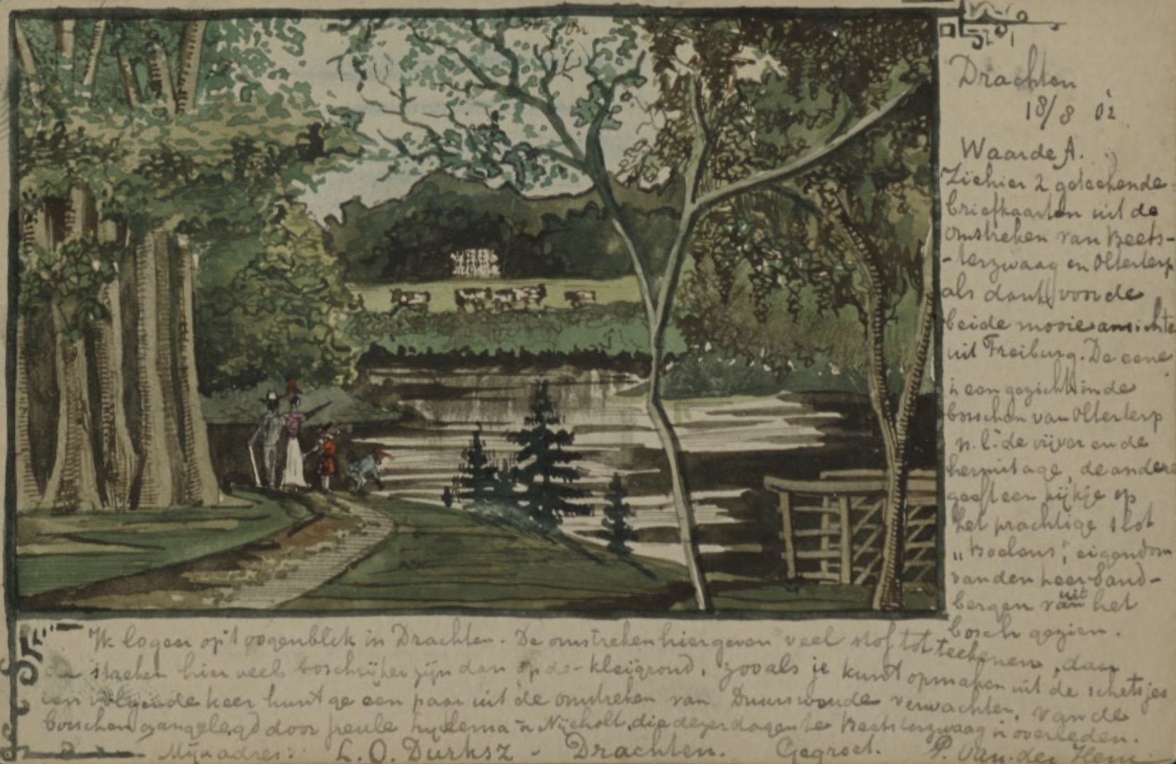 Het slot Boelens te Olterterp Piet van der Hem, 18 augustus 1902 Waterverf op een papieren briefkaart, 9,1 x 13,9 cm Collectie F