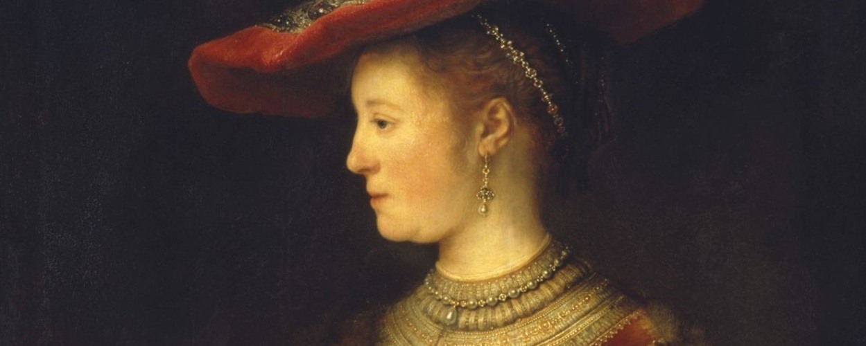 Rembrandt van Rijn, Saskia en profil in rijk gewaad, 1633-1642, olieverf op paneel. Museumslandschaft Hessen Kassel, Gemäldegalerie Alte Meister, Kassel