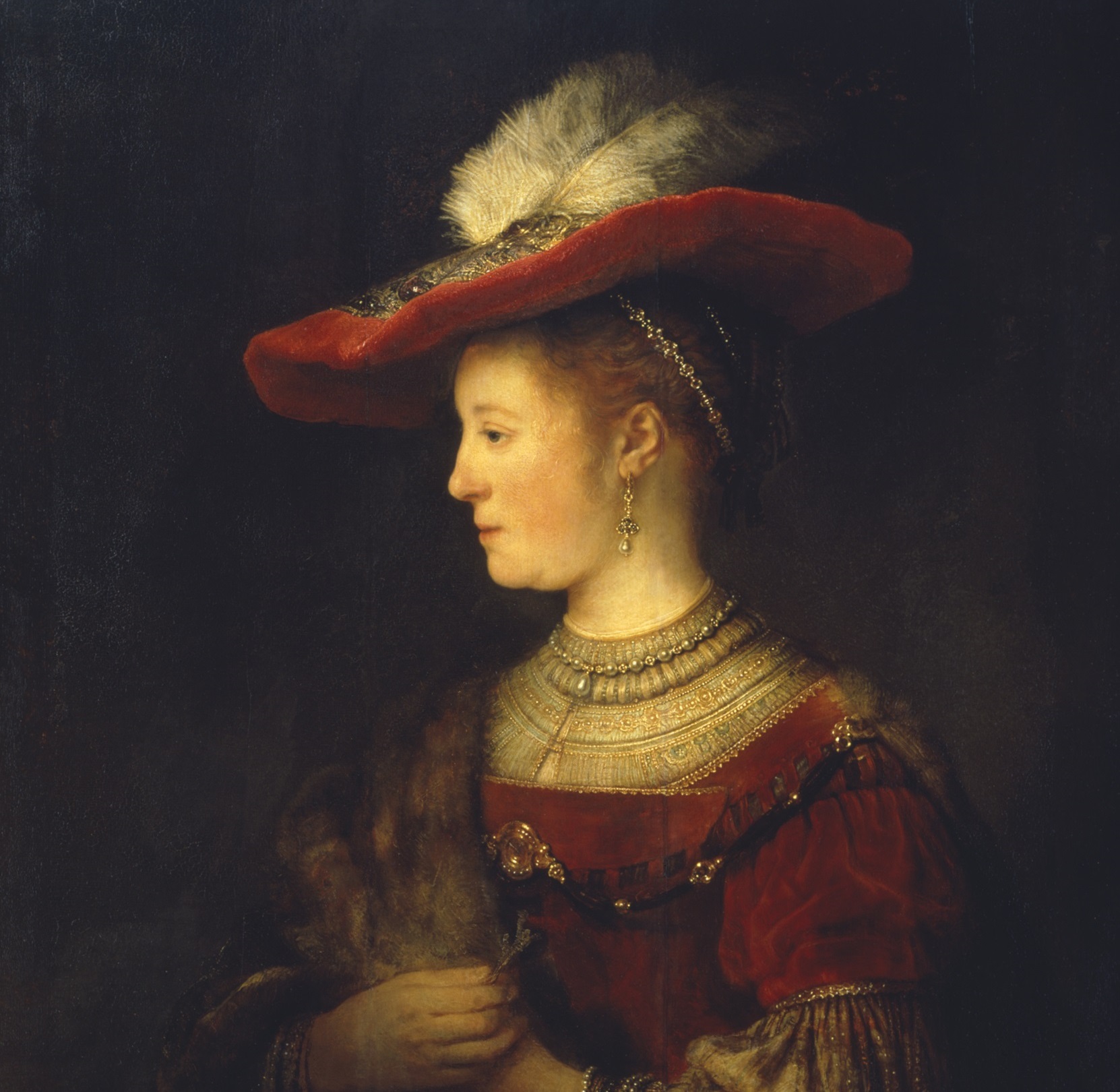 Rembrandt van Rijn, Saskia en profil in rijk gewaad, 1633-1642, olieverf op paneel Museumslandschaft Hessen Kassel, Gemäldegaler