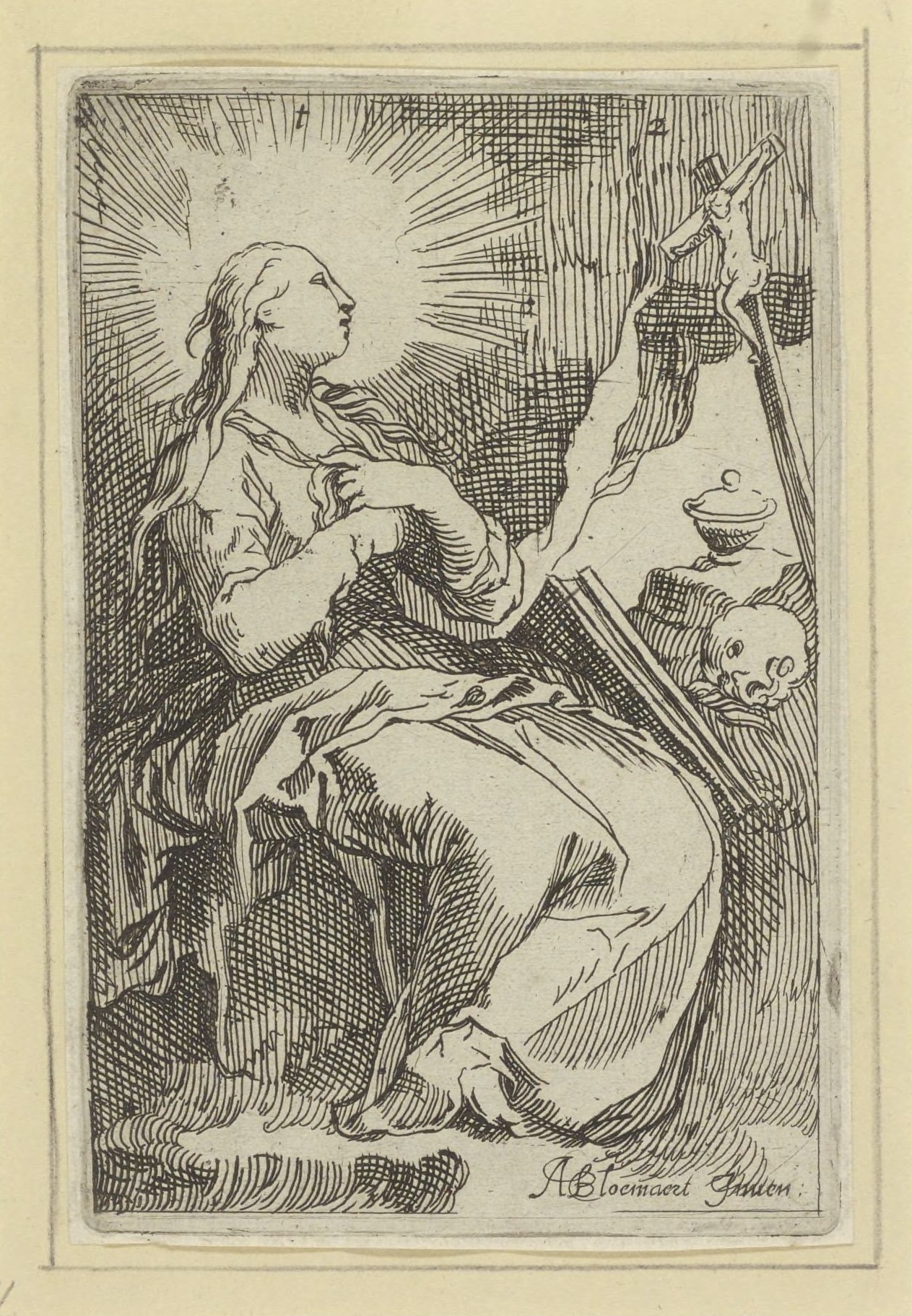 Boetvaardige Maria Magdalena in de grot voor een crucifix, Boëtius Adamsz. Bolswert naar ontwerp Abraham Bloemaert, ca. 1610-1615. Fries Museum, Leeuwarden - Collectie Koninklijk Fries Genootschap - Schenking mr. Assuerus Quaestius