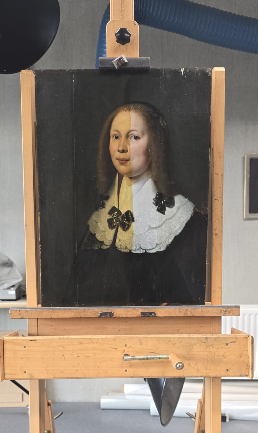 Portret van Wilsck van Feytsma, voor en tijdens de restauratie, toegeschreven aan Wybrand de Geest, ca. 1644. Olieverf op paneel, Fries Museum, Leeuwarden - Collectie Provincie Fryslân - Legaat  jonkheer mr. T.A.M.A. en mevr. A.M. van Humalda van Eysinga-Zillesen, 1966.
